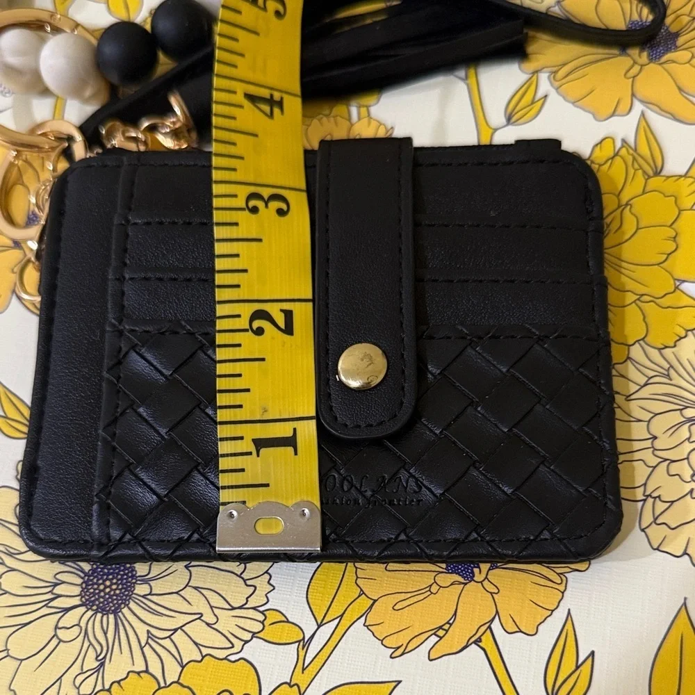Black Quilted Wallet / Card Holder with a Tassel and Stretchy Beaded Bracelet
